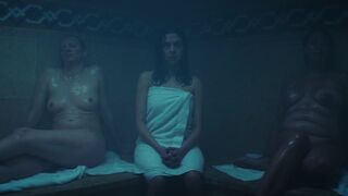 Bel Powley topless, Tracee Ellis Ross naked - Cold Copy (2023) sexy sauna movie scenes